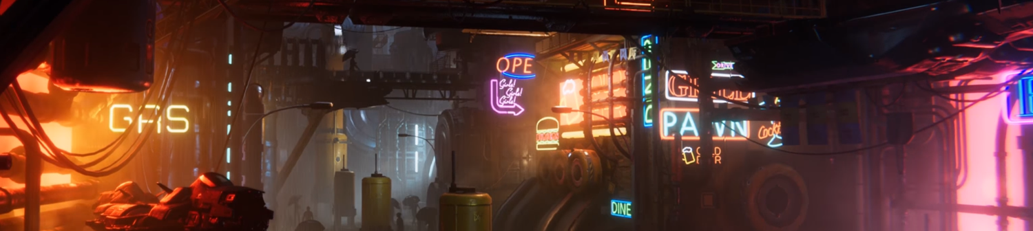 A neon-lit street scene at night, with glowing signs.