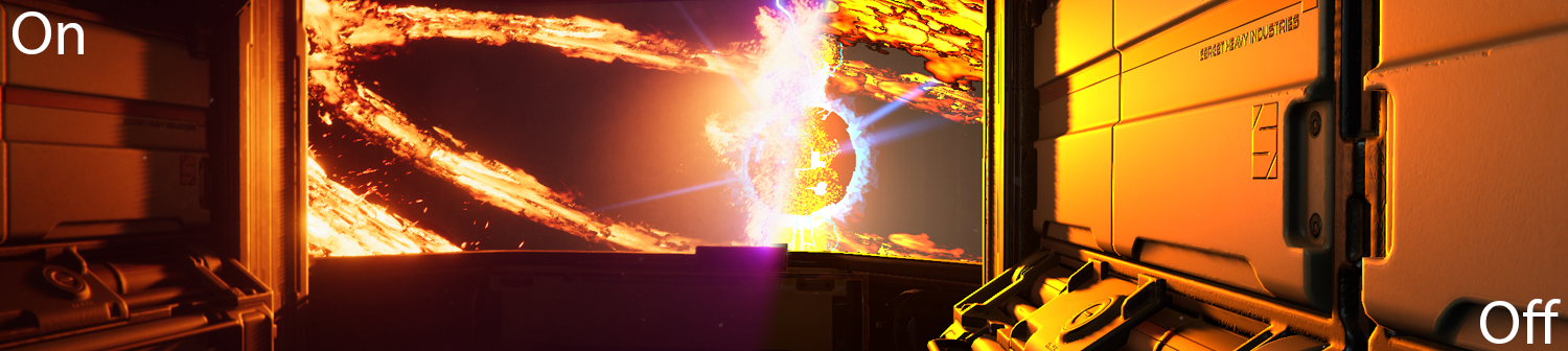 A scene of a fiery supernova, shown with post-processing effects both enabled and disabled.