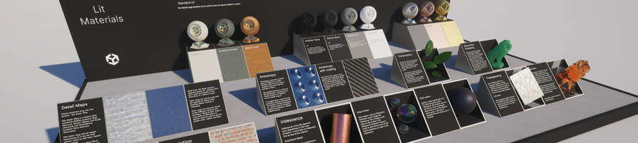 The Materials sample scene. A display of various materials, each with a description panel.