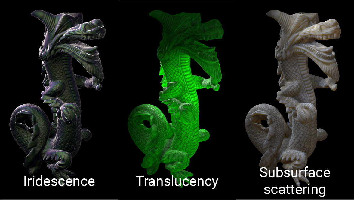 A detailed dragon statuette, rendered three times. The first dragon is iridescent, the second is a translucent green material, and the third has subsurface scattering.