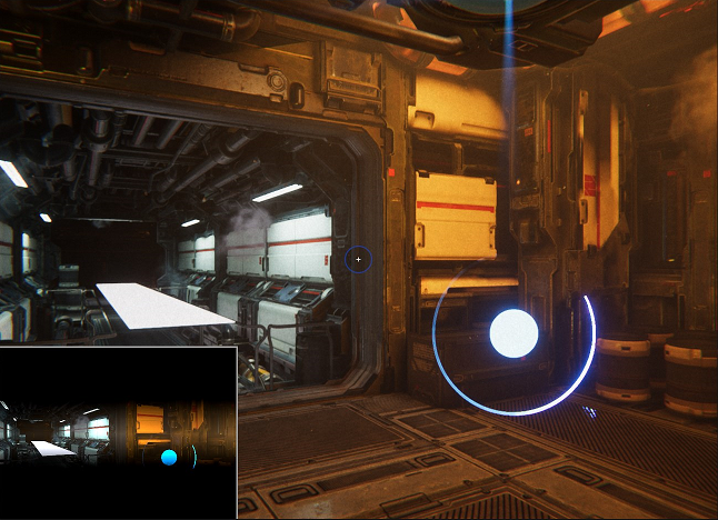 A scene of a spaceship interior in the Metering Weighted debug view, which displays the scene alongside a picture of what the scene looks like after HDRP weights it with the metering mask. With the metering mask, the scene is significantly darker.