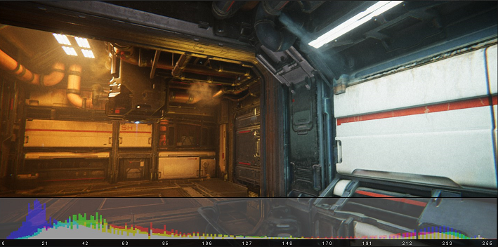 A scene of a spaceship interior with the final image histogram debug view.