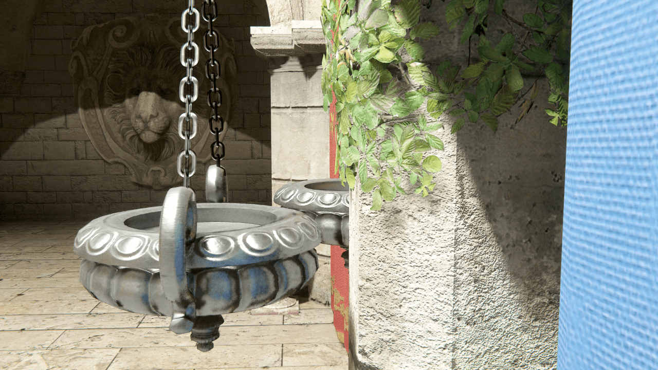 A stone temple scene without contact shadows. Foliage and dark corners have few shadows.