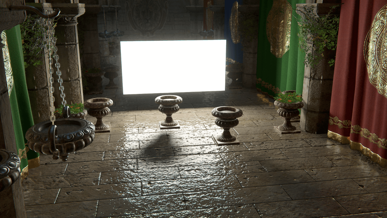 An outdoor scene with a Rectangle Light shadow map.