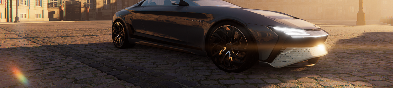 A sports car in a town square at sunset, with lens flares from its metal bumper.