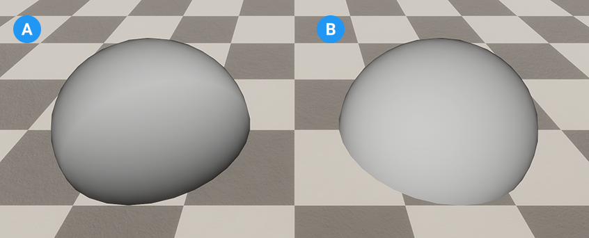 Two spheres that use a compute thickness material and intersect an opaque checkerboard plane. The transparent sphere (A) has a dark edge where the plane intersects it, but the opaque plane doesn't affect the opaque sphere (B).
