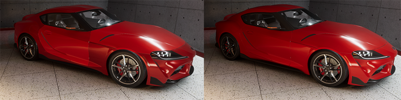 Two comparison scenes of a red car model. The left scene uses Light Probe Groups, so each part of the car is a different shade of red. The right scene uses Adaptive Probe Volumes, so each part of the car is the same shade of red. 