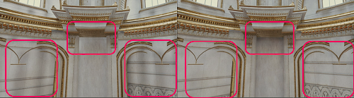 In the scene on the left, Virtual Offset isn't active so dark bands are visible. In the scene on the right, Virtual Offset is active so there are no dark bands.