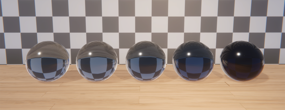 Materials with the same transmission color but decreasing absorption distance from left to right.