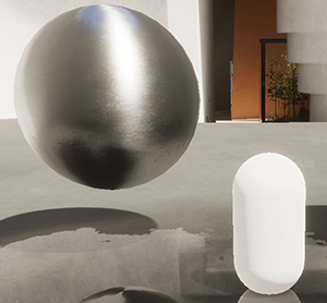 A reflective silver metallic sphere floating next to a bright white capsule.