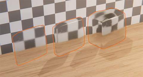 Three transparent cubes of increasing thickness, in front of a checkerboard pattern.