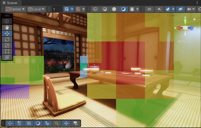 The Rendering Debugger with Occlusion Test Overlay enabled. The red areas are where Unity culls many objects. The blue area is where Unity culls few objects.