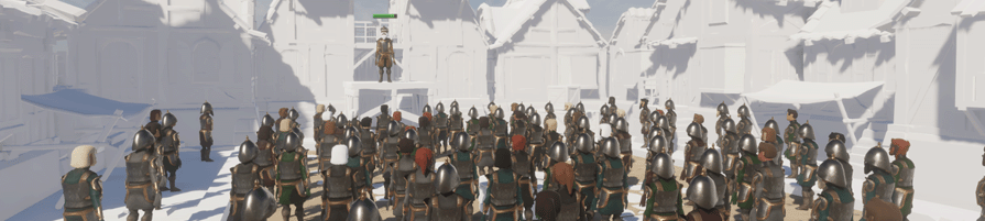 A bunch of different instanced soldiers looking at their king.