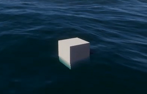 A cube floating on an ocean.