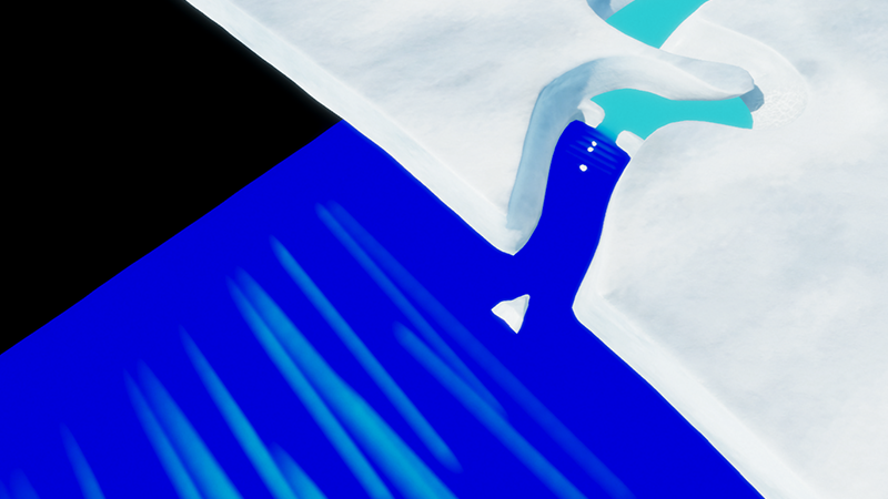 A glacier with a waterfall. Different shades of blue represent deformation.