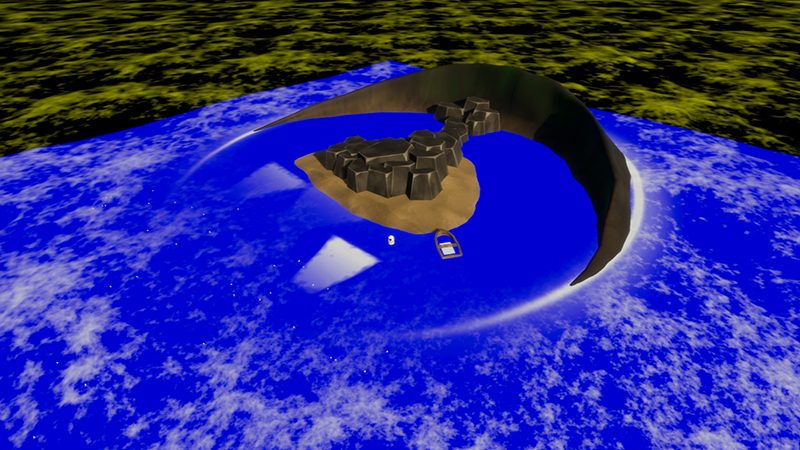 An island scene, with the water surface rendered bright blue to make surface foam clearer.