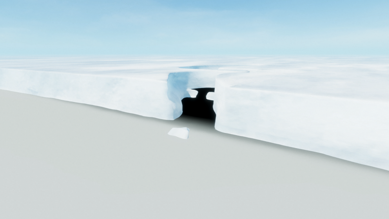 A glacier, with a waterfall displayed as black.