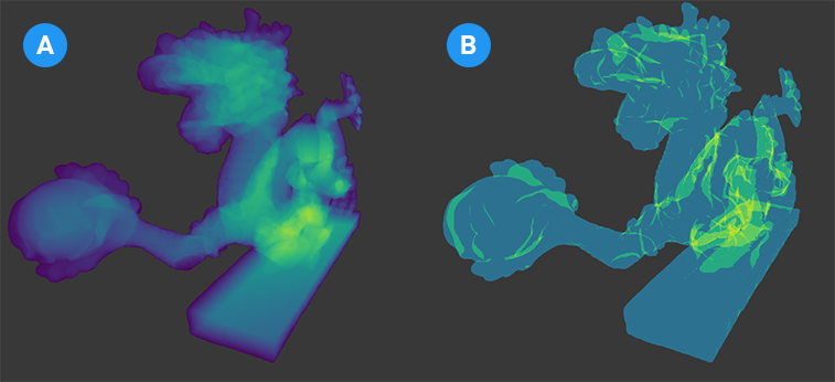 A model shown in the default compute thickness debug view, and the debug view when you enable Show Overlap Count. In the second view, yellow areas indicate a high number of overlapping triangles.