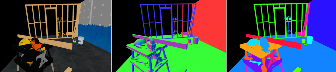 Example: Three AOVs, containing from left to right the Albedo, Normal, and Object ID of each pixel: