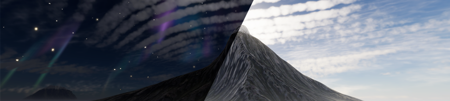 A mountaintop viewed at night with a starry sky, and during the day with white clouds.