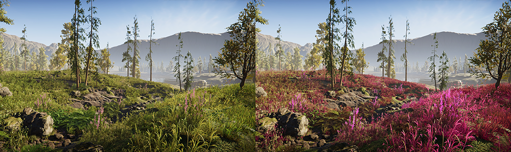 Grass in an environment scene: In the left image the grass renders correctly. The grass in the right image has the bright green tint that HDRP applies to a Material that doesn't have a valid diffusion profile.