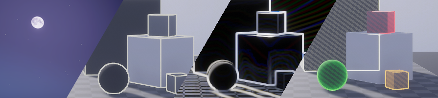 A scene with a group of simple geometric shapes, rendered with white edges, a Sobel filter, and using a different color for each object.