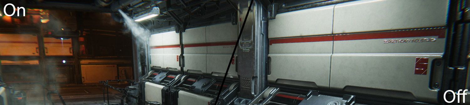 A futuristic interior, shown with anti-aliasing both enabled and disabled.