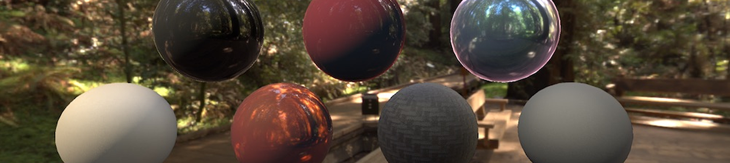 Seven spheres floating against a forest backdrop, each with a different realistic surface texture.