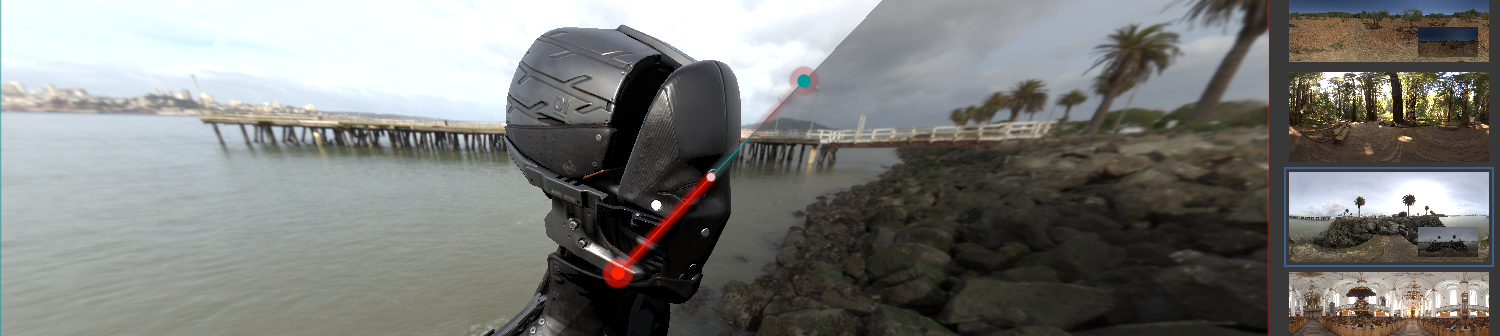The Look Dev tool in split-screen view, with the scene on the left side, and the selection of environments on the right side.