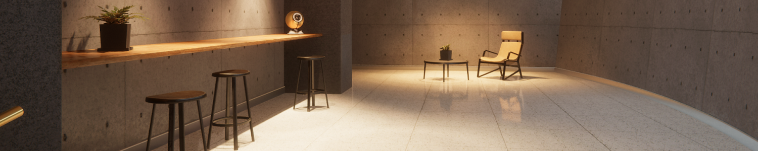 A ray-traced scene of a sparsely-furnished modern room.