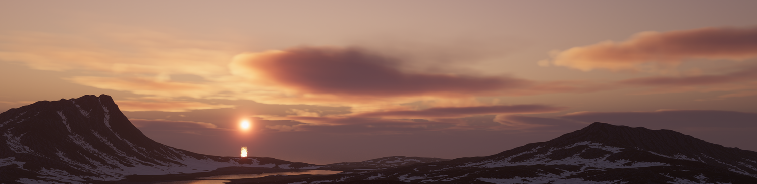 A snowy mountain range and lake with a cloudy sky at sunset.
