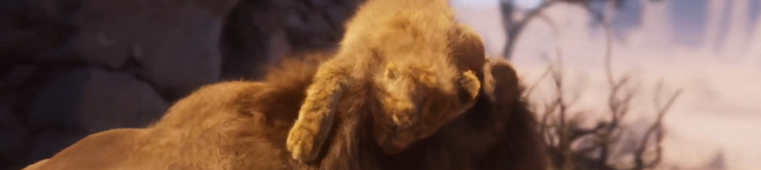 A lion cub with realistic fur, climbing on another lion.