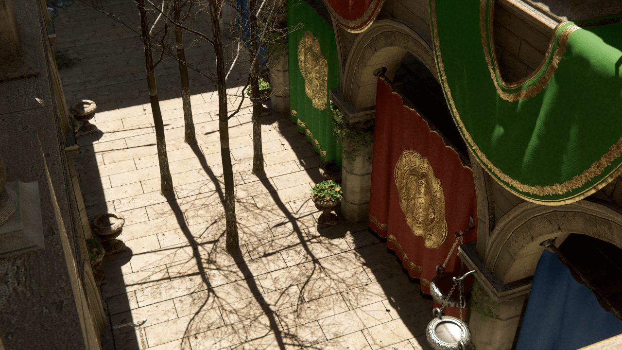 A scene with a Directional Light cascade shadow map.