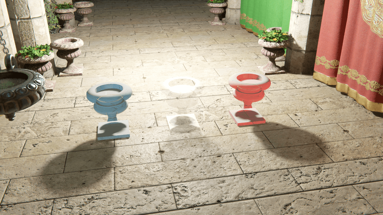 Three different colored GameObjects with ray traced Point Light semi-transparent shadows.