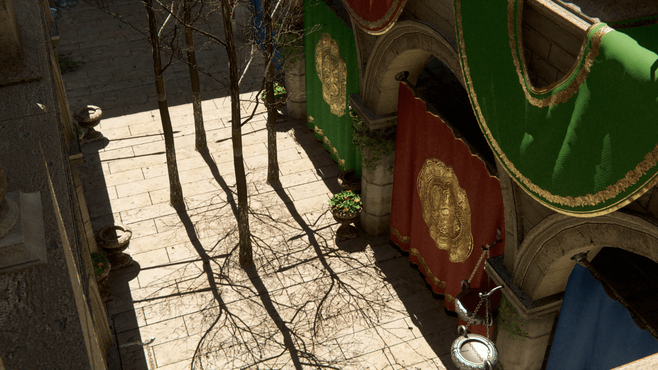 A scene with a Directional Light cascade shadow map, where the Sun Angle is 0. The shadow details are sharp and visible.