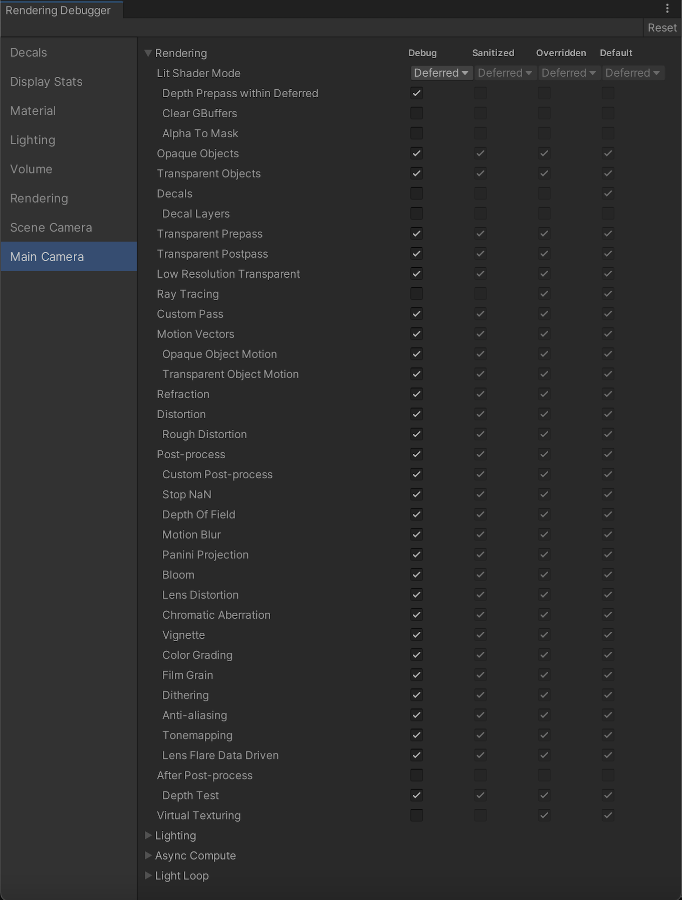 In this screenshot of the Camera window, Ray Tracing is enabled in the Camera's Frame Settings but disabled in the HDRP Asset, while Decals is enabled by default but disabled in the Camera's Custom Frame Settings.