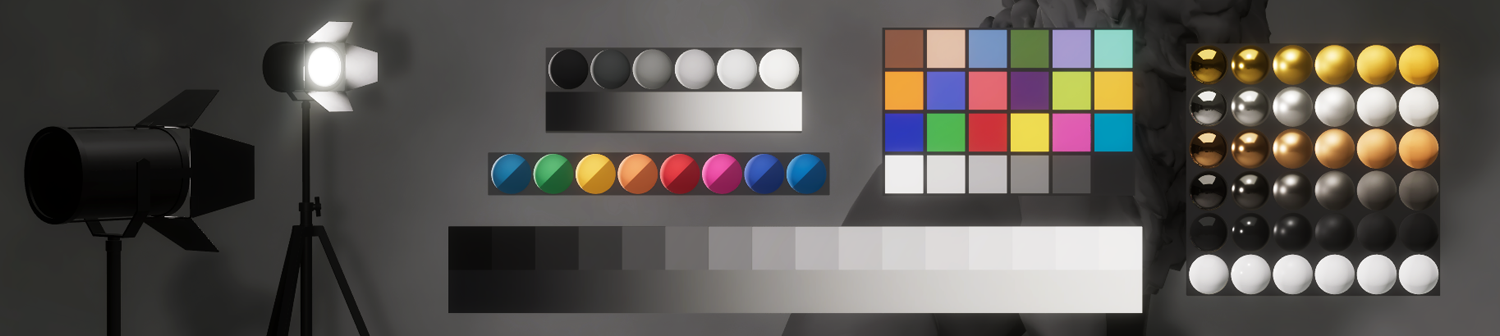 A scene showing the different modes of the Color Checker Tool. Each mode displays a different palette as spheres or squares.