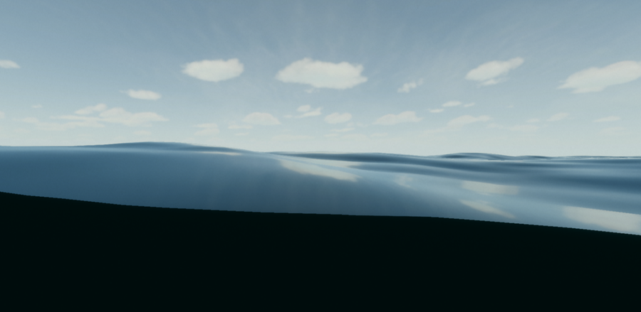 A view at the same level of a water surface. A clear boundary separates the fluctuating water surface above and the black below.