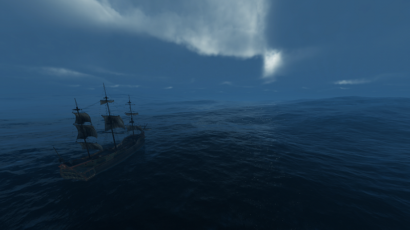 A sailing vessel on a dark stormy sea, with both very large wide swells, and smaller waves and peaks.