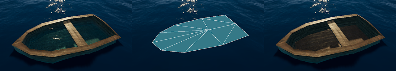 A water excluder applied to the inside of a boat.