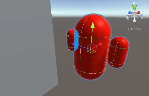 The red characters moves behind a wall. Unity renders the hidden parts using a blue material.