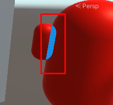 A capsule with a smaller capsule attached. The Renderer Feature renders part of the larger capsule using the blue material, because it's behind the smaller part.