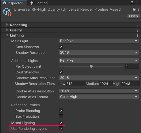 URP Asset > Lighting > Use Rendering Layers