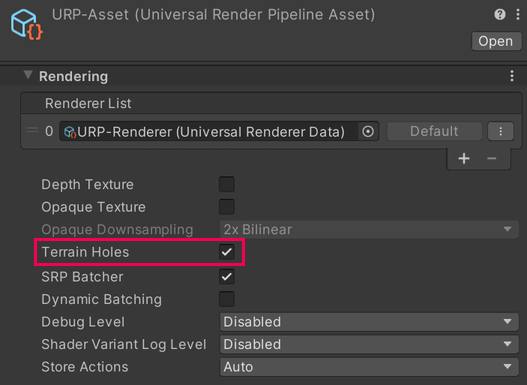 URP Asset, Terrain Holes check box.