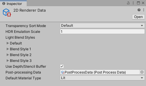 The 2D Renderer Data Asset property settings