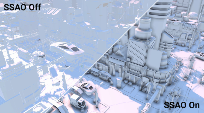 Scene showing the Ambient Occlusion effect turned On and Off.