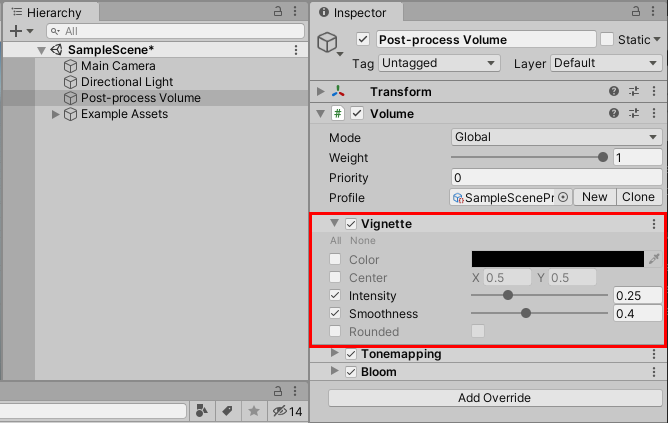 Vignette post-processing effect in the URP Template SampleScene