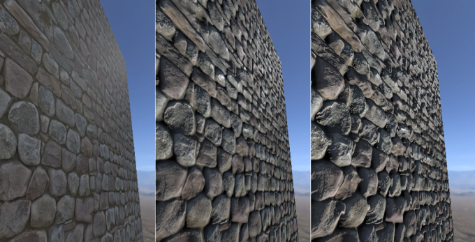 Mesh with only the Base Map (left), Base Map and Normal Map (middle), and Base, Normal, and Height Map (right).