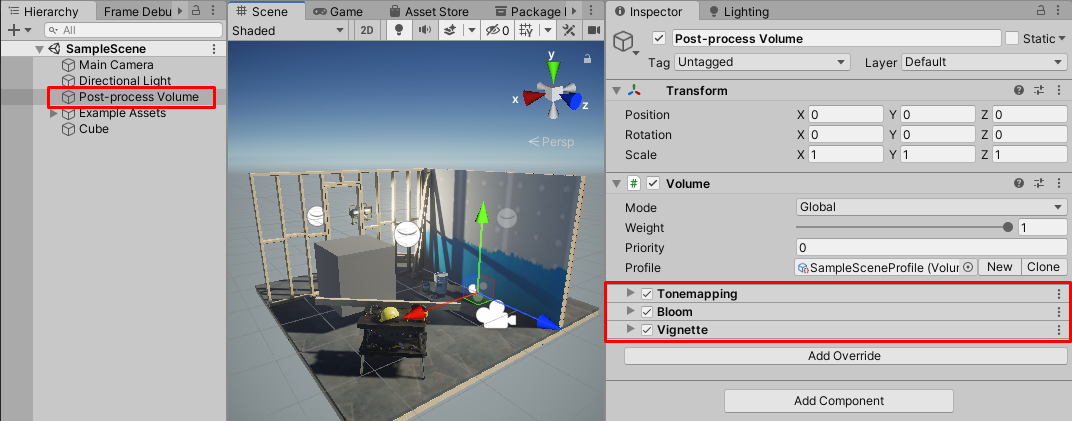 Add post-processing effects to the Camera by adding Volume Overrides to the Volume component.