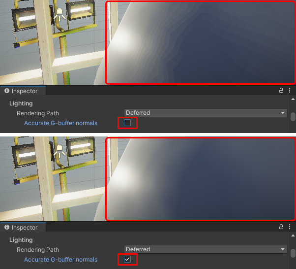 Accurate G-buffer normals, visual difference between the two options.